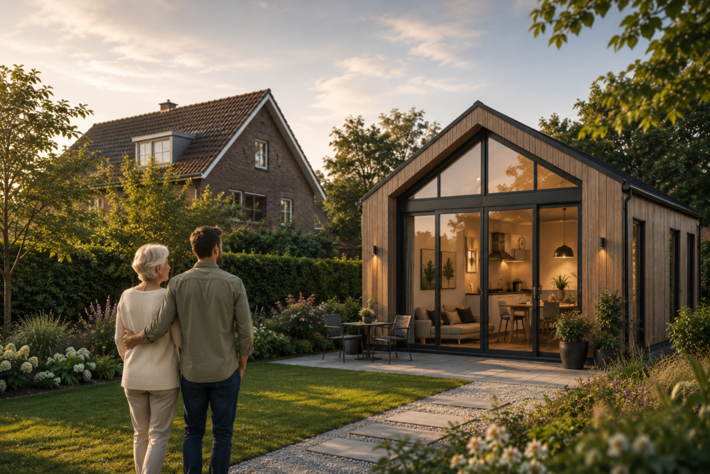 Moderne familiewoning op een ruim erf naast een bestaande woning, als illustratie van de nieuwe regels voor vergunningsvrij bouwen vanaf 1 juli 2026.