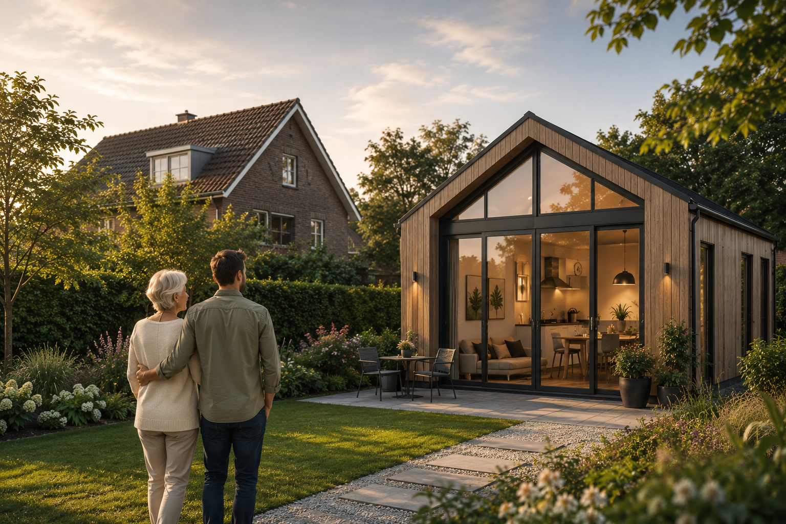Moderne familiewoning op een ruim erf naast een bestaande woning, als illustratie van de nieuwe regels voor vergunningsvrij bouwen vanaf 1 juli 2026.