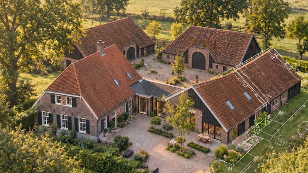 Bovenaanzicht van een Twents erf met boerderij en schuren, waarbij witte ontwerptekeningen de mogelijkheden voor herbestemming verbeelden.