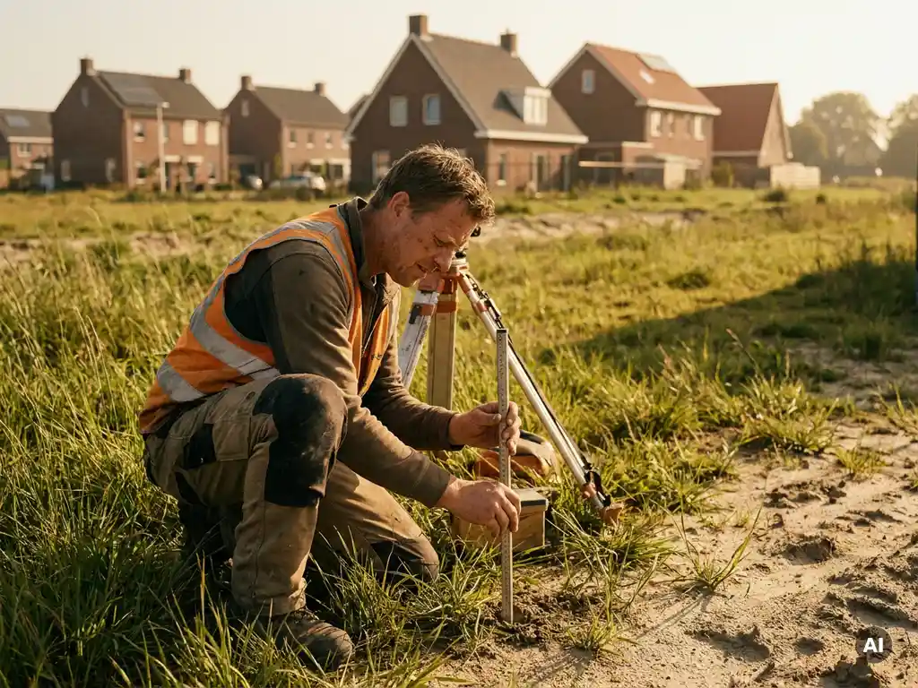 Landmeter die meetstok in de grond plaatst op onbebouwd perceel, met Nederlandse woonwijk op de achtergrond in middaglicht.