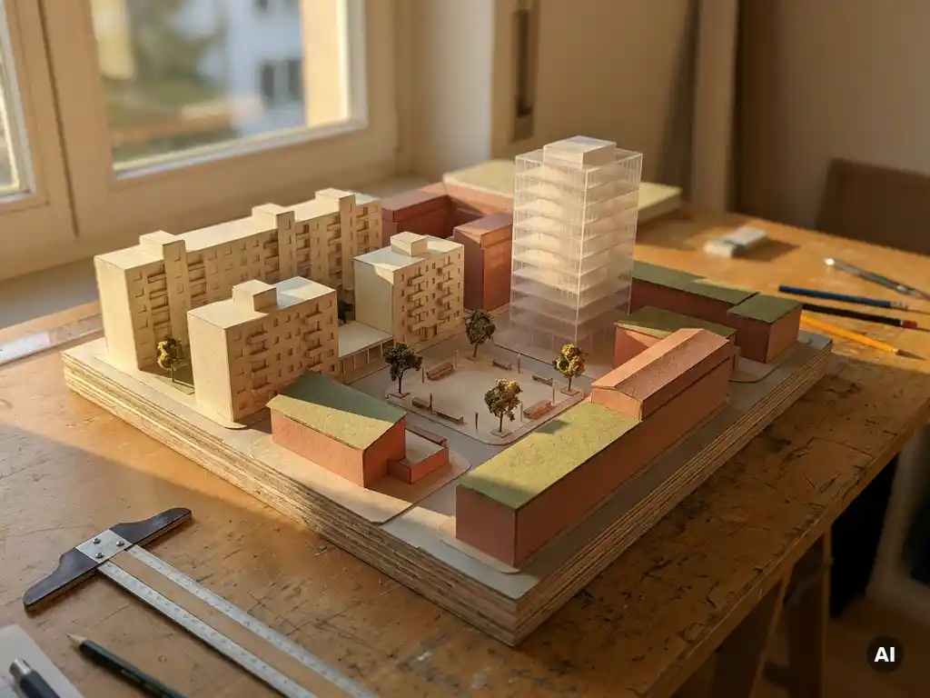 Architectuurmaquette van gemengd stedelijk district met woonblokken, glazen kantoorgebouw en openbaar plein met miniatuurbomen.